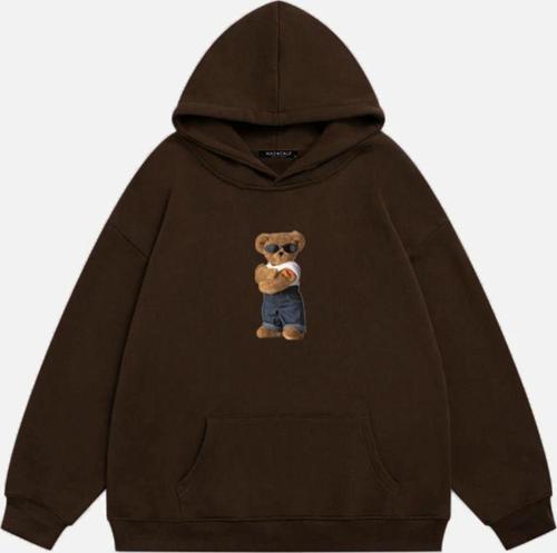 Unisex Teddy Bear Baskılı Kapüşonlu Polarlı Oversize Sweatshirt Kahverengi 2XL
