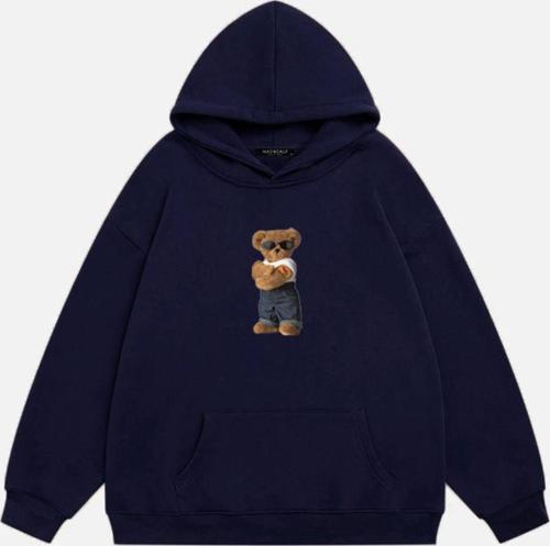 Unisex Teddy Bear Baskılı Kapüşonlu Polarlı Oversize Sweatshirt Lacivert 2XL