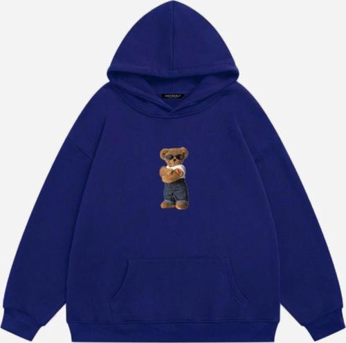 Unisex Teddy Bear Baskılı Kapüşonlu Polarlı Oversize Sweatshirt Saks 2XL