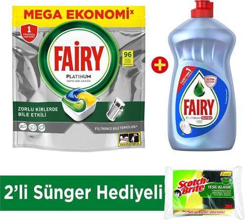 Platinum Plus Bulaşık Makinesi Kapsülü 96' lı +Sıvı Bulaşık Deterjanı 500 ml + 2' li Süngür