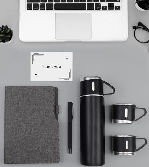 Termo Deri Gri Defter & Siyah Mat Roller Kalem & 3 Bardaklı 500 Ml Çelik Termos Hediye Seti