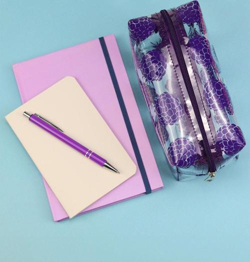 Mor Defter & Dikişli Mini Not Defteri & Tükenmez Kalem & Şeffaf Büyük Boy Kalemlik Hediye Seti