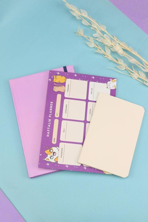 Mor Defter & Haftalık Planner & Dikişli Mini Not Defteri Hediye Seti