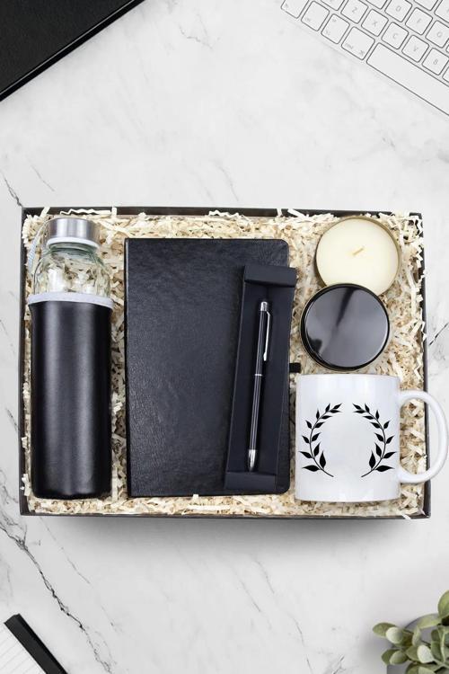 Motto Kupa & Siyah Touch Pen & Metal Kutulu Mum & 500 Ml Su Matarası & Siyah Defter Hediye Seti