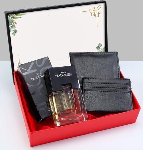 Özel Kutusunda Black Suede Erkek Parfüm & Erkek Suni Deri Cüzdan & Siyah Kartlık Erkeğe Hediye Seti