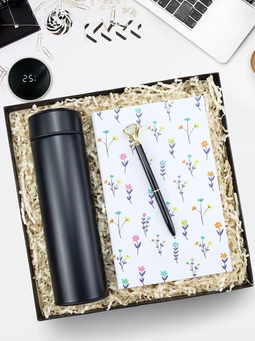 Dereceli Çelik Termos & Beyaz Çiçekli Defter & Diamond Kalem Hediye Seti