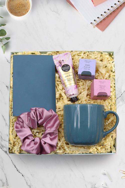 Dikişli Mini Defter & Kupa & Teashop 2'Li Bitki Çayı & Krem  & Saten Toka Hediye Seti