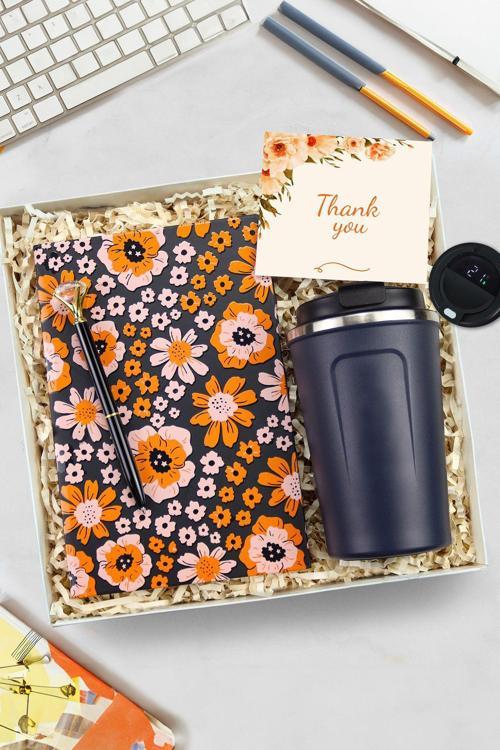 Turuncu Baskılı Defter & Kalem & Lacivert Dereceli 350 Ml Çelik Termos Hediye Seti
