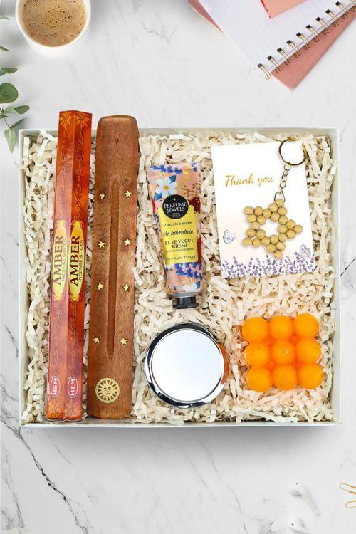 El Aynası & Turuncu Bubble Mum & Çubuk Tütsü & El Kremi & Bambu Yıldız Anahtarlık Hediye
