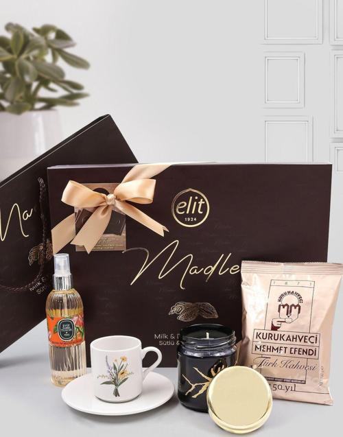 Fincan & Sprey Kolonya & Mermer Desenli Mum & Elit 375Gr Madlen Çikolata & Türk Kahvesi Hediye Seti