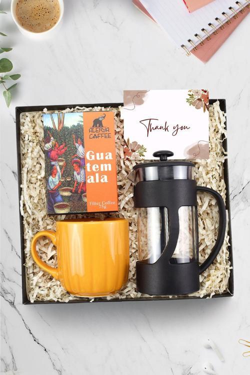 Turuncu Kupa & Siyah French Press & Alerya Guatemala Filtre Kahve Hediye Seti