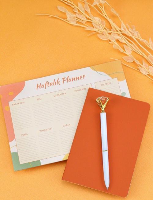 Haftalık Planner & Dikişli Mini Not Defteri & Diamond Kalem Hediye Seti