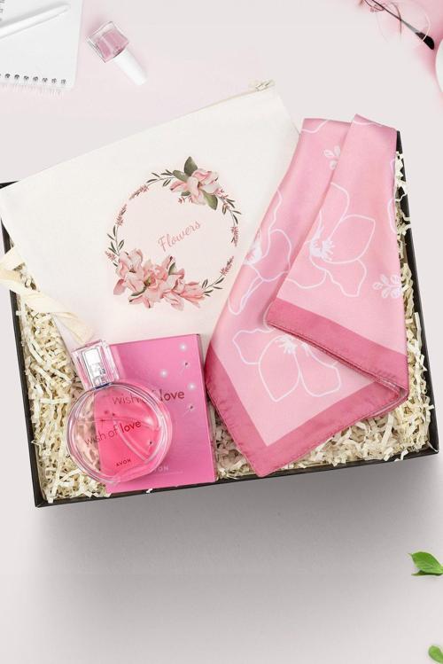 Ham Bez El Çantası & Pembe Tasarım Fular & Wish Of Love Parfüm Kadına Hediye Seti
