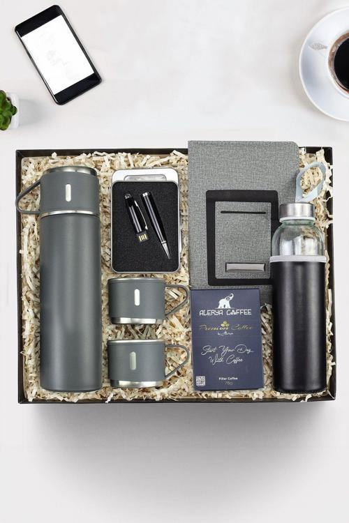 3 Bardaklı Çelik Termos & Filtre Kahve & Su Matarası & Cepli Gri Defter & Usb Kalem Hediye Seti