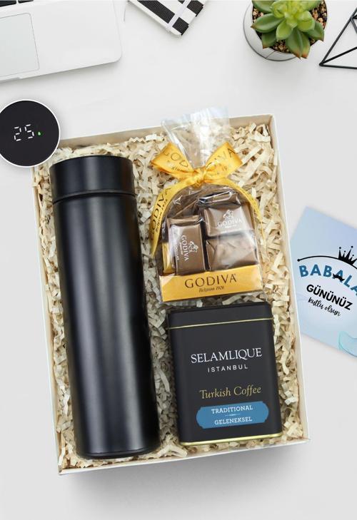 500 Ml Dereceli Siyah Termos & Selamlıque Türk Kahvesi & Godiva Napoliten Çikolata Hediye Seti