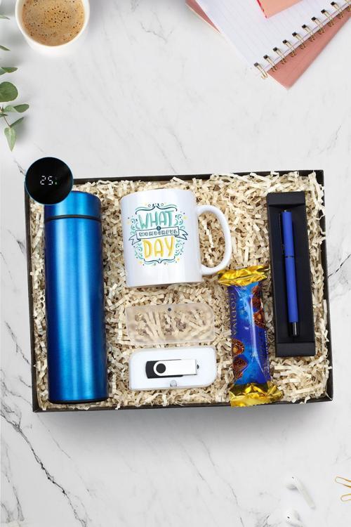500 Ml Dereceli Termos & Kupa & Mavi Roller Kalem & Usb Bellek & Godiva Domes Çikolata Hediye Seti