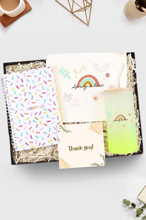 Pipetli Sarı Buzlu Cam Bardak & Konfeti Defter & Bez Çanta Hediye Seti