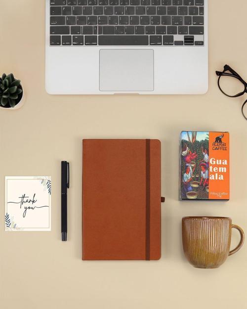 Kahverengi Defter & Roller Kalem & Turuncu Porselen Kupa & Guatemala Filtre Kahve Hediye Seti