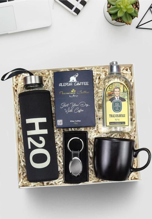 Anahtarlık & Kılıflı 500Ml Matara & Siyah Kupa & Alerya Filtre Kahve &  Tıraş Kolonyası Hediye Seti