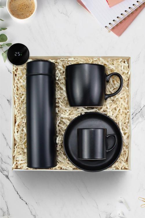 Siyah 500 Ml Renk Dereceli Termos & Siyah Kupa & Siyah Seramik Fincan Hediye Seti