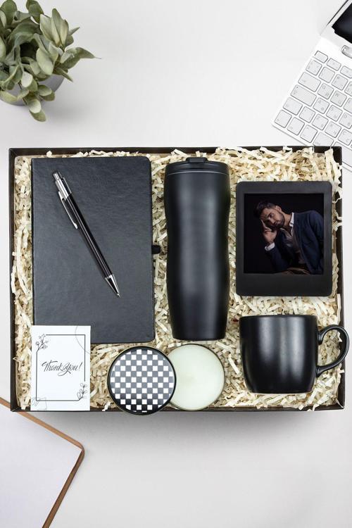 Siyah Defter & Çelik Termos & Tükenmez Kalem & Mat Kupa & İnstagram Çerçeve & Siyah Mum Hediye Seti