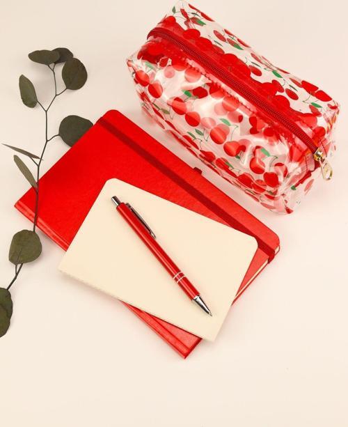 Kırmızı Defter & Mini Not Defteri & Kiraz Desenli Kalemlik & Kırmızı Tükenmez Kalem Hediye Seti