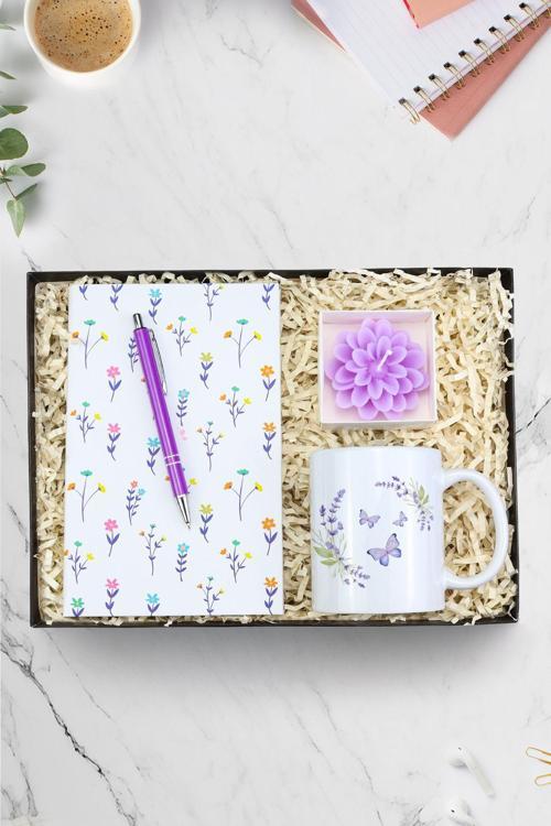 Beyaz Çiçekli Defter & Gümüş Renk Detaylı Mor Tükenmez Kalem & Kelebek Kupa & Lotus Mum Hediye Seti