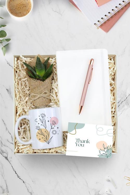 Beyaz Defter & Rose Tükenmez Kalem & Kupa & Canlı Sukulent Çiçek Hediye Seti