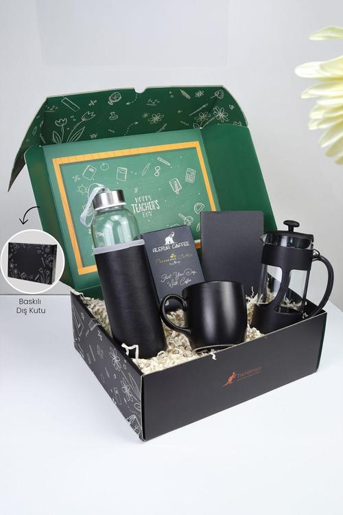Su Matarası & Siyah Kupa & Filtre Kahve & French Press & Kupa & Dikişli Mini Not Defteri Hediye Seti