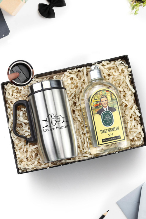Babalar Gününe Özel Kulplu 280 Ml Çelik Termos & Tıraş Kolonyası Hediye Seti