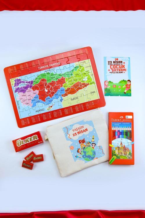 Bez El Çantası & Türkiye Harita Yapbozu & Çikolata & 12'Li Boya Kalemi Hediye Seti