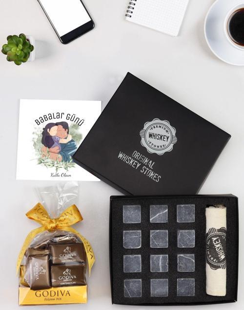 Babalar Gününe Özel Viski Soğutma Taşı & Godiva Napoliten Çikolata Hediye Seti