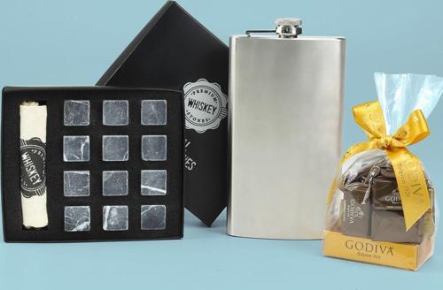 Çelik Cep Matarası & Godiva Napoliten Çikolata &  Viski Taşı Soğutma Taşı Seti Hediye Seti