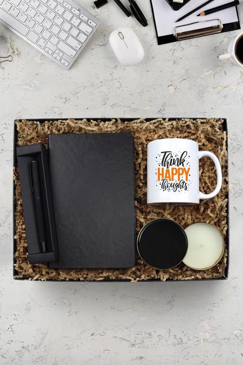 Siyah Defter & Mat Roller Kalem & Siyah Metal Kutulu Mum & Kupa Hediye Seti