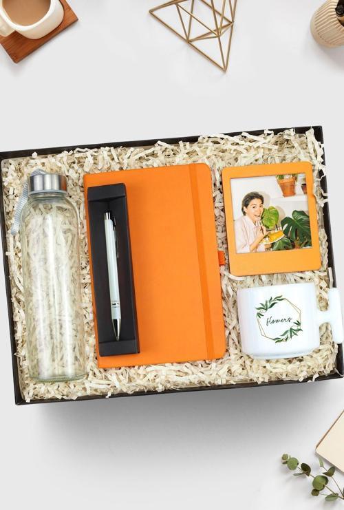 Turuncu Defter & Beyaz Tükenmez Kalem & T Kupa & İnstagram Çerve & Cam Matara Hediye Seti