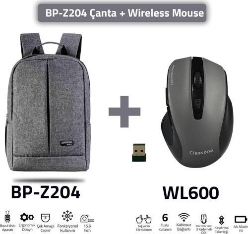 BP-Z204-WL600 Mouse -15.6" Su Geçirmez Kumaş Laptop ,notebook Sırt Çantası Gri+Kablosuz Mou