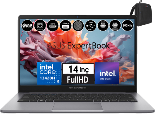 Expertbook P1 P1403CVA-I58512G0D Intel Core I5-13420H 8gb Ddr5 512GB SSD WINDOWS11HOME 14" Fhd Intel UHD Taşınabilir Bilgisayar WXI58512G0DH02 + Zetta Çanta
