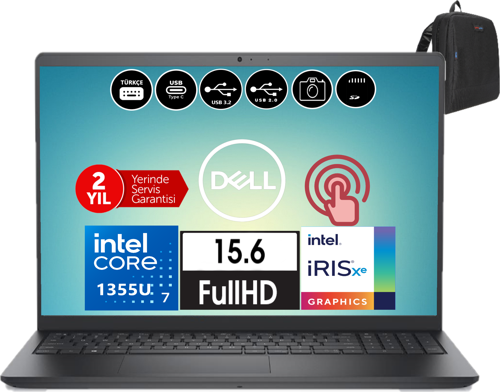 Inspiron 3530 Intel Core İ7-1355U 32GB 512GB SSD Fhd 15.6" Dokunmatik W11PRO Taşınabilir Bilgisayar WI35301018TU52 + Zetta Çanta