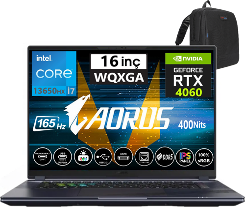 Gigabyte aorus 16X Intel Core I7-13650HX 96GB Ddr5 512GB SSD 8gb Rtx 4060 16″ Wqxga 3ms 165Hz WIN11PRO Gaming (Oyuncu) Notebook 9KG-43TRC54SW22 + Zetta Çanta