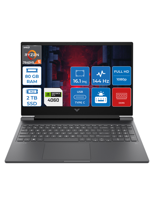 Victus 16-S0035NT Ryzen 5 7640HS 80GB Ddr5 2tb SSD 8GB/RTX4060/120W Windows 11 Home 16.1" Fhd IPS 144Hz Taşınabilir Bilgisayar HP7Z5Z2EAH27 + Zetta Çanta