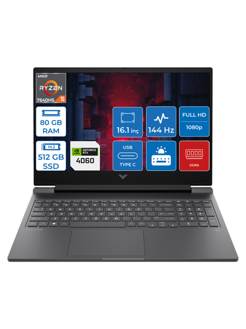 Victus 16-S0035NT Ryzen 5 7640HS 80GB Ddr5 512GB SSD 8GB/RTX4060/120W Freedos 16.1" Fhd IPS 144Hz Taşınabilir Bilgisayar HP7Z5Z2EAF24 + Zetta Çanta