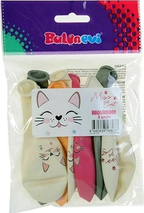 Balon 4+1 Miss Cat Kedi Baskılı 12 İnç Karışık Renk Balon (8 Li Paket)