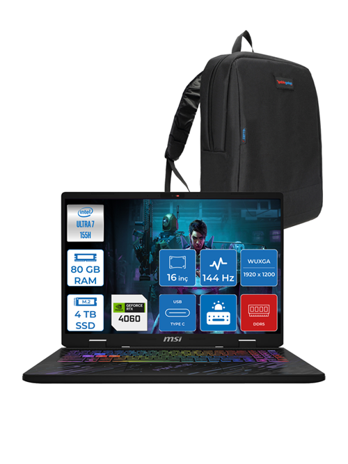 Pulse 16 Aı Intel Core Ultra 7 155H 80GB Ddr5 4tb SSD 8GB/RTX4060/140W 16" IPS Wuxga 144Hz WIN11PRO Taşınabilir Bilgisayar MS87XTRP26 + Zetta Çanta