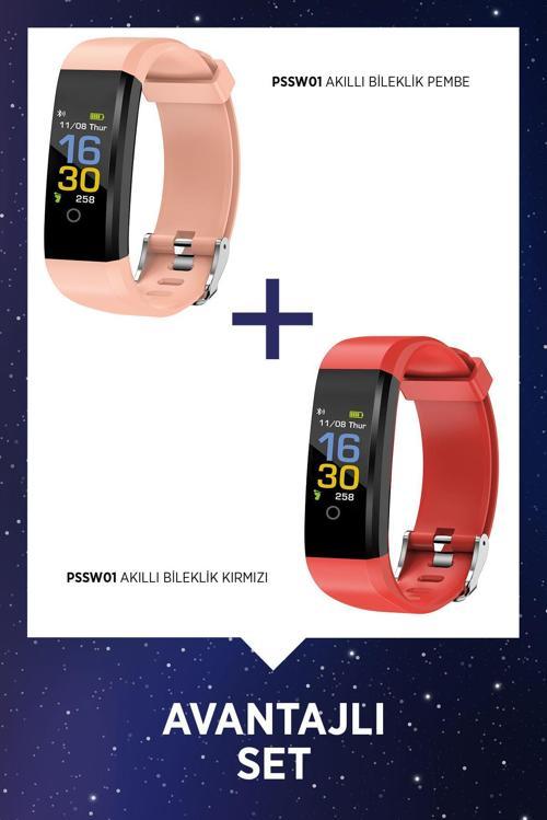 PSSW01 Smart Fit Akıllı Bileklik 2'li Set Pembe-Kırmızı