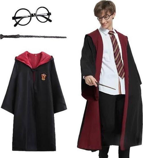 Harry Potter Gryffindor Kapişonlu Çocuk Kostüm + Asa + Gözlük Seti 11-12 Yaş