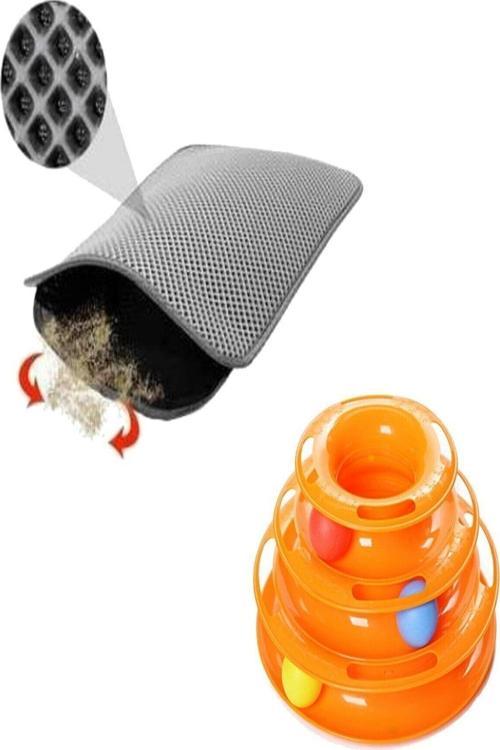 2 Li Set Tower Of Tracks Kedi Oyuncağı + Elekli Kedi Tuvalet Paspası (Gri)