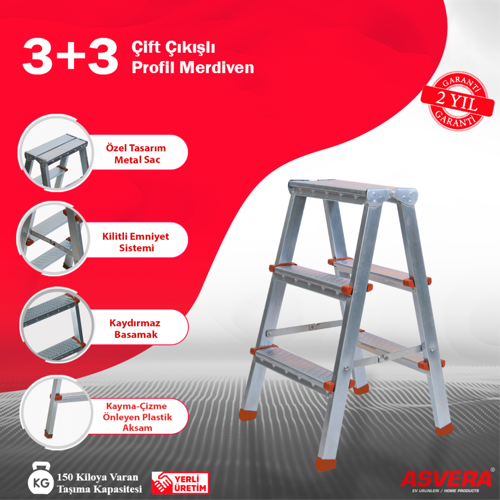 - 3+3 Basamaklı Çift Çıkışlı Profil Merdiven (Ev, bahçe, işyeri için uygun)