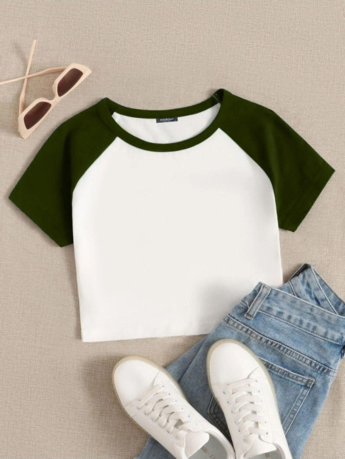 Kadın Garnili Kısa Kollu Crop Tshirt Ekru - Haki M