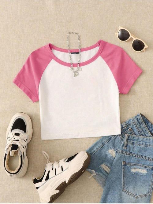 Kadın Garnili Kısa Kollu Crop Tshirt Ekru - Pembe L