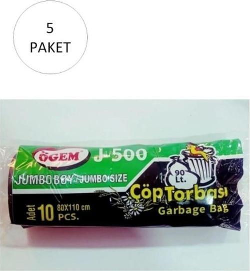 J-500 Jumbo Boy Çöp Torbası  10 Lu Rulo X 5 Paket = 50 Adet (Siyah) (80 X 110 Cm)